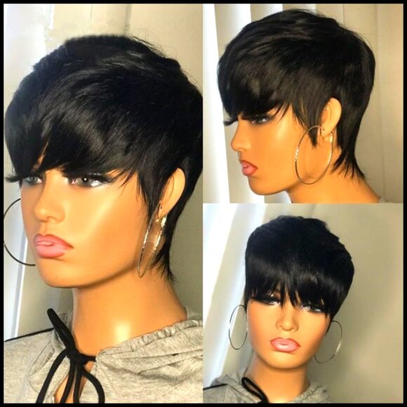 Pixie Cut Human Hair Wig with Bangs Layered Wavy Short Heat Resistant